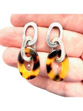 Mexico Earrings Sterling Silver Faux Tortoise Link Chandelier Pierced